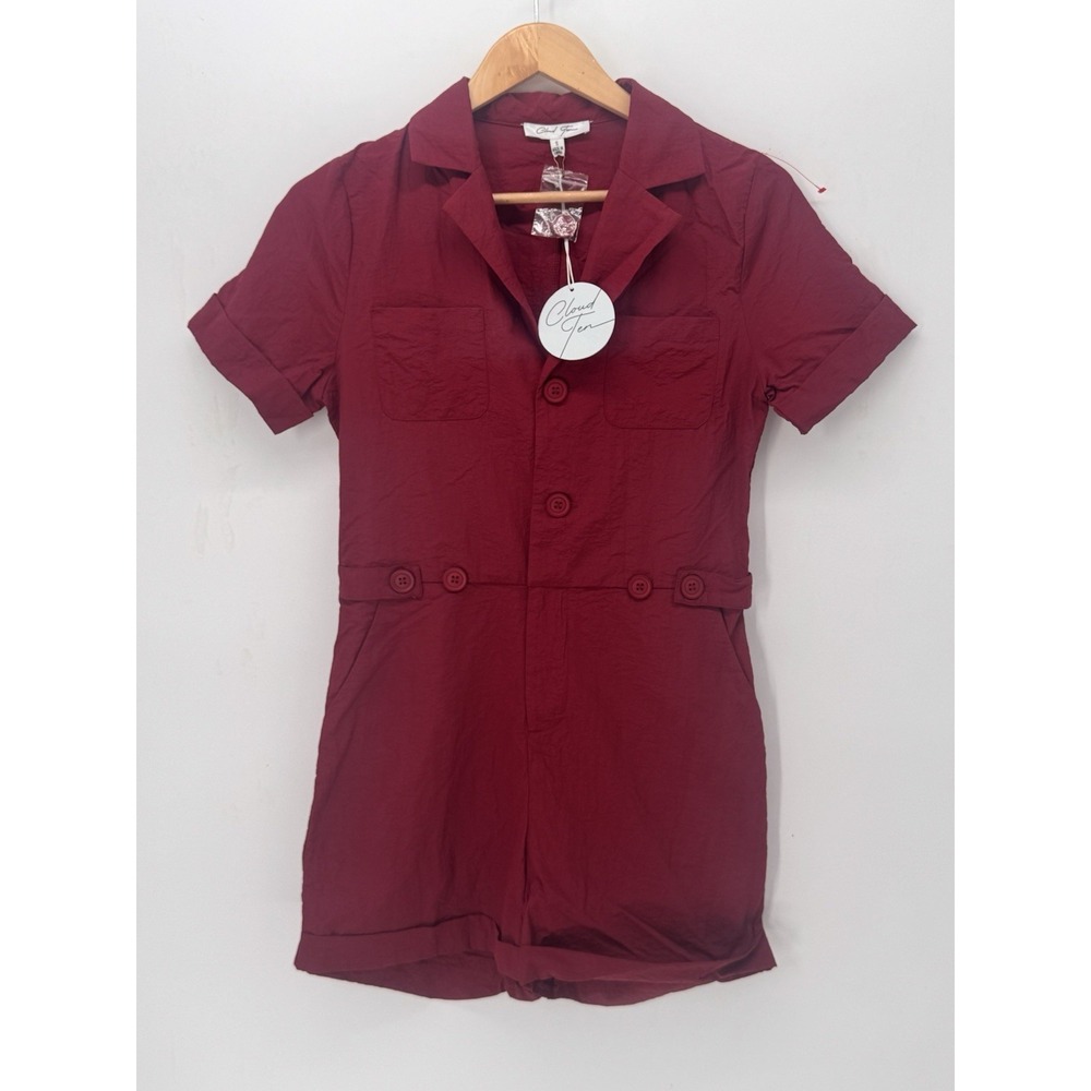 NWT Cloud Ten Burgundy Utility Romper Women's Small S Short Sleeve Button Front